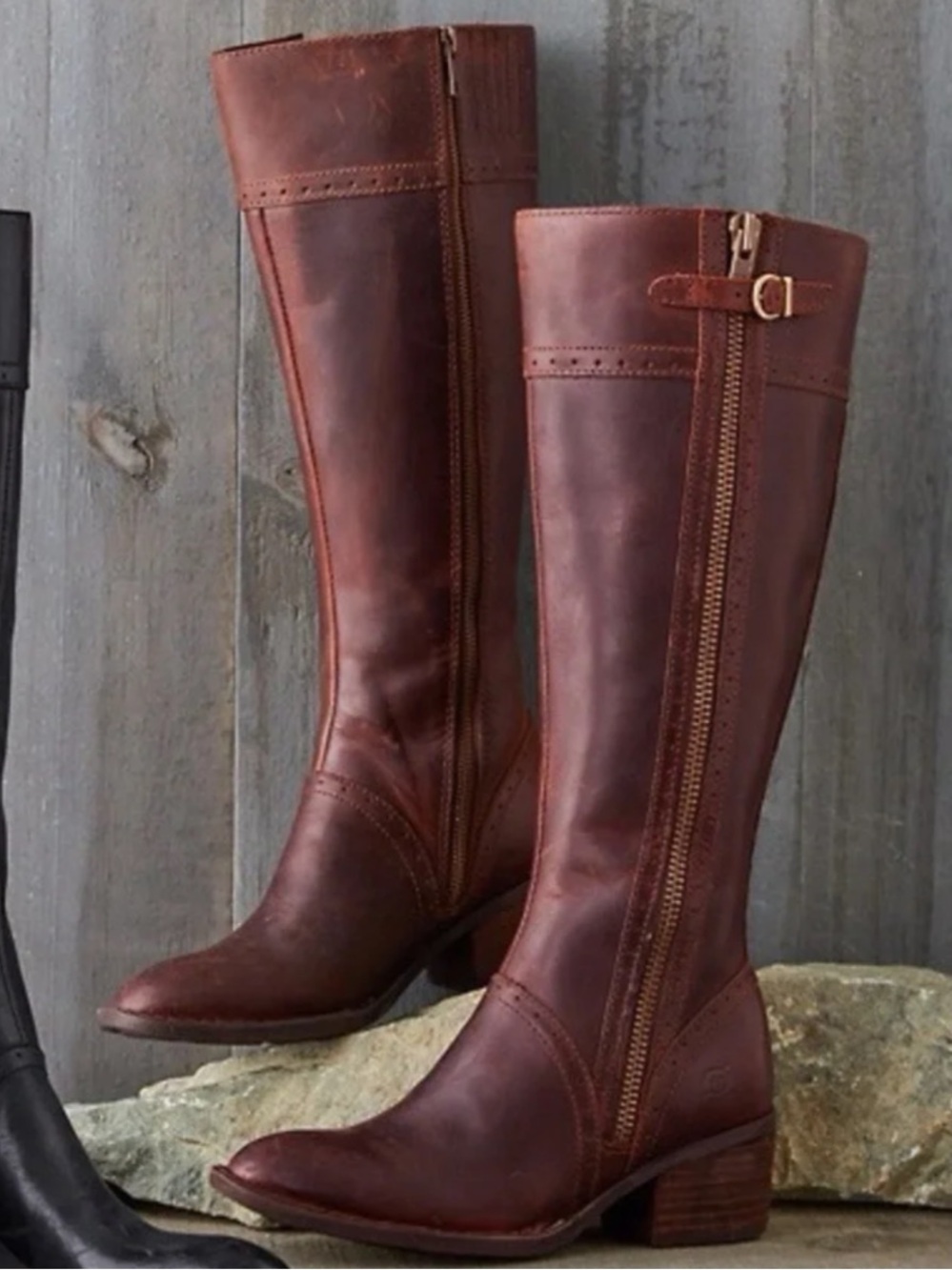 Born Poly Classic Brown Leather Knee-High Women's Riding Boots Double Zip Size 6